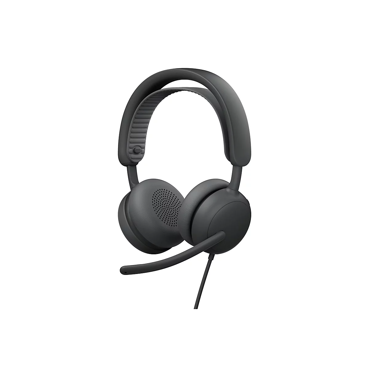 Casque gris foncé avec microphone sur fond blanc.