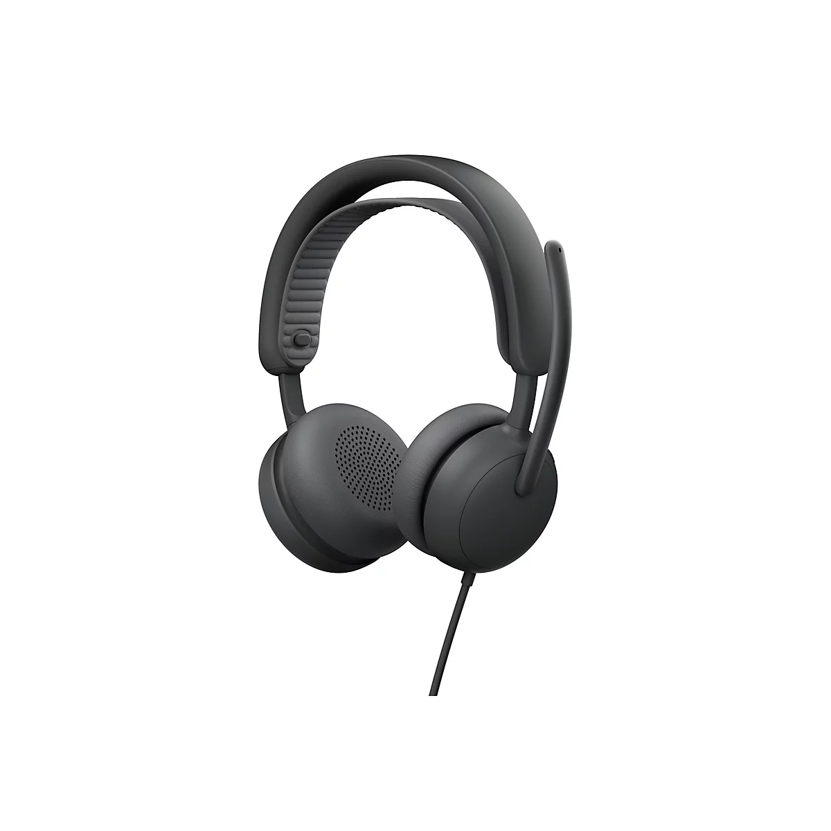 Casque gris foncé sur fond blanc. Écouteurs ronds, bandeau rembourré, microphone et câble.