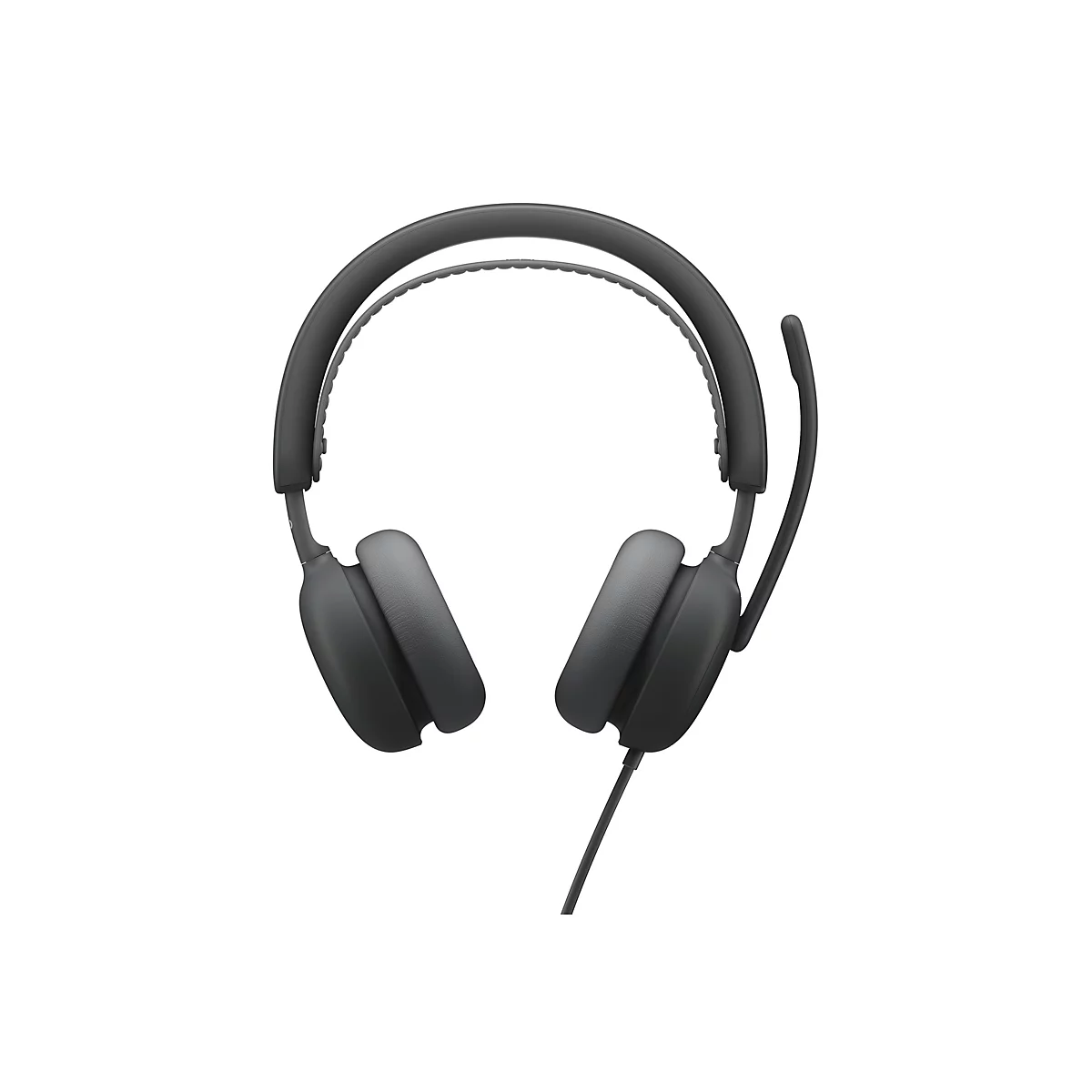 Casque gris foncé sur fond blanc. L'arceau a un intérieur rembourré. Le bras du microphone et le câble sont visibles.