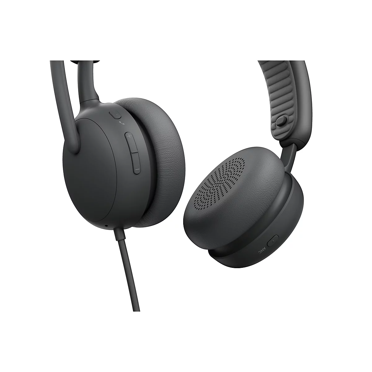 Casque gris foncé avec écouteurs, commandes de volume et bouton ANC. Sur fond blanc.