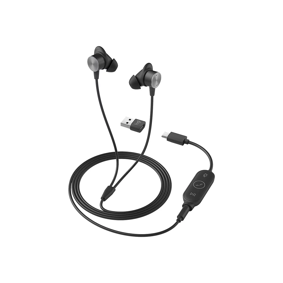Schwarze In-Ear-Kopfhörer mit Mikrofon und USB-C-Anschluss, Zubehör, weißer Hintergrund.