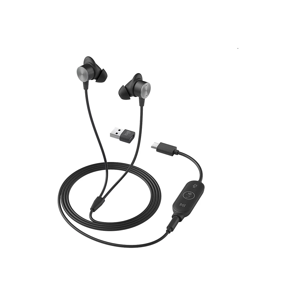 Schwarze In-Ear-Kopfhörer mit Mikrofon und Kabel, USB-C- und USB-A-Anschluss, Play/Pause-Taste.