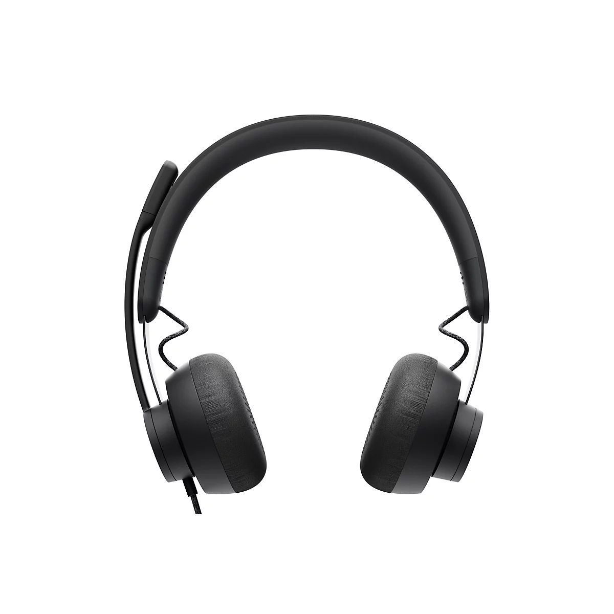 Schwarzes Headset mit Ohrmuscheln, Bügel und Mikrofon. Es hat ein stoffartiges Finish.