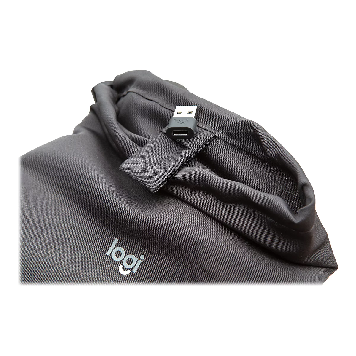 Pochette gris foncÃ© avec logo. Un adaptateur USB est fixÃ© Ã  une languette.