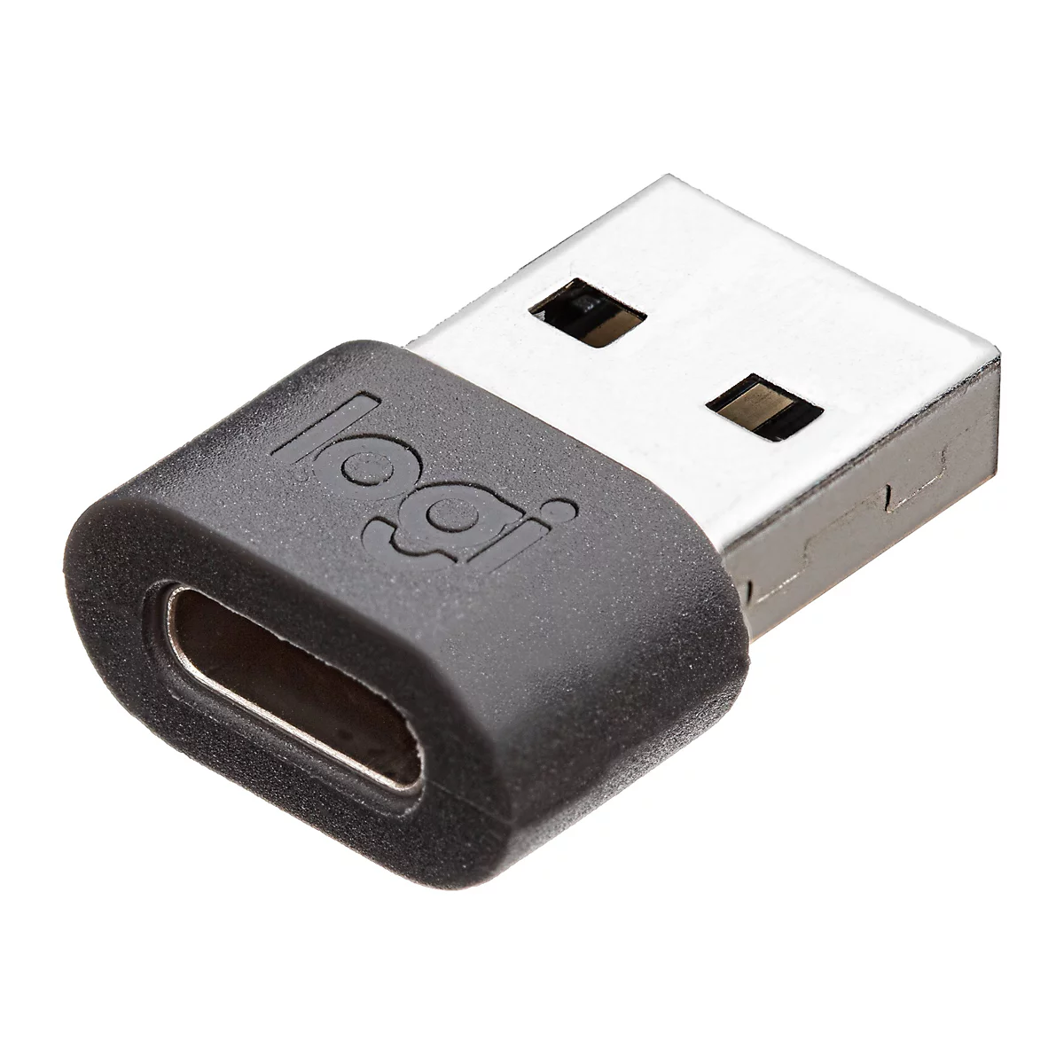 Un adaptateur USB-C vers USB-A, mÃ©tallique et noir, avec logo.