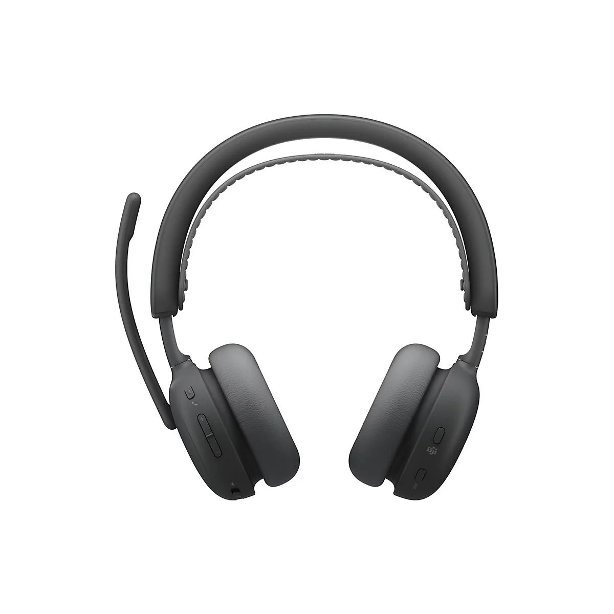 Casque circum-auriculaire sans fil gris foncé avec microphone.
