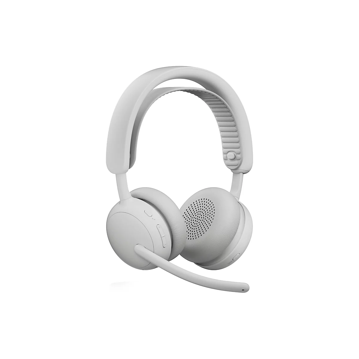 Helles, ohrumschließendes Headset mit Mikrofonarm und gepolstertem Kopfbügel vor weißem Hintergrund.
