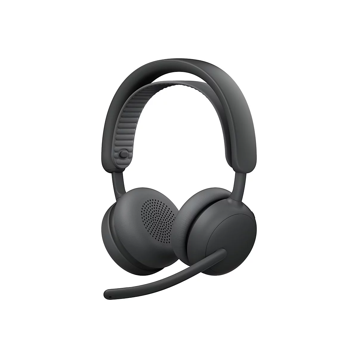Dunkelgraues Headset vor weißem Hintergrund. Das Headset hat ein Mikrofon, einen gepolsterten Bügel und runde Ohrmuscheln.