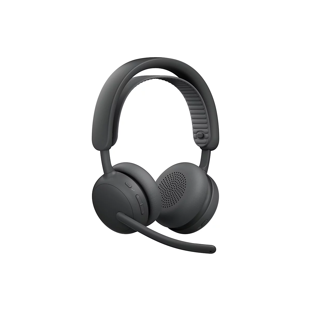 Schwarzes On-Ear-Headset mit Kopfbügel, Mikrofonarm und strukturierten Polstern vor weißem Hintergrund.