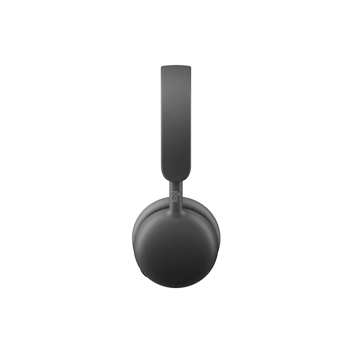 Dunkelgrauer kabelloser Logitech Kopfhörer, Seitenansicht vor weißem Hintergrund.