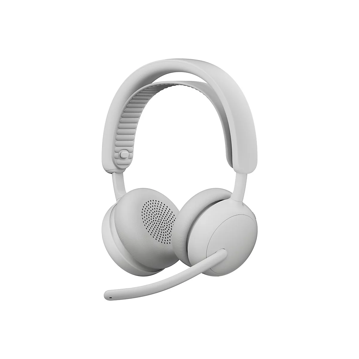 Hellgrauer Kopfhörer mit Mikrofon vor weißem Hintergrund. Das Headset hat runde Ohrmuscheln und einen verstellbaren Kopfbügel.