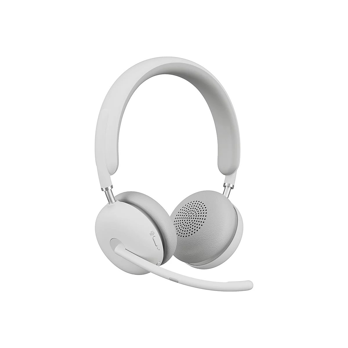 Hellgraues Headset mit Mikrofon auf weißem Hintergrund. Runde Ohrmuscheln, gepolstert, mit Mikrofonarm und Bügel.