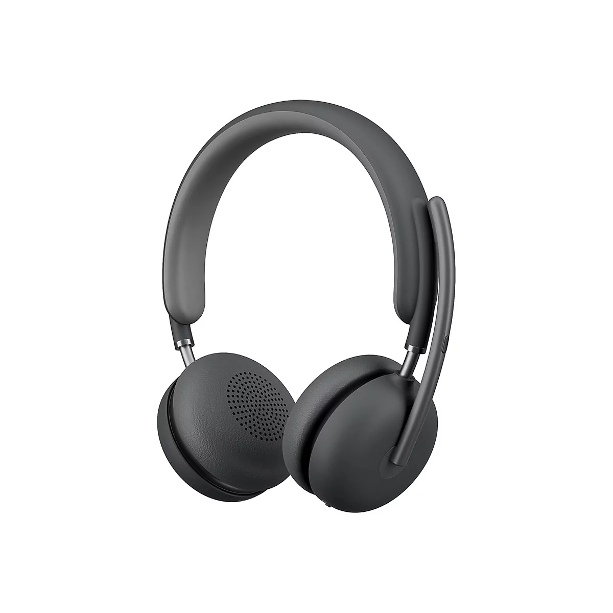 Casque gris foncé avec microphone sur fond blanc. Écouteurs ronds, bandeau rembourré.