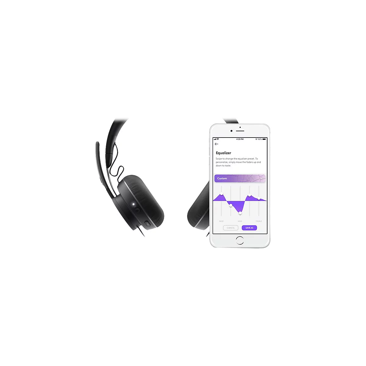 Schwarzer Kopfhörer mit Smartphone, das eine Equalizer-App anzeigt. Der Bildschirm zeigt ein violettes Frequenzdiagramm mit Einstellungen.