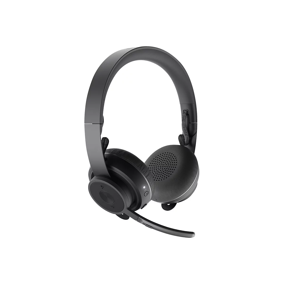 Drahtloses, schwarzes Headset mit Mikrofon auf weißem Hintergrund. Das Headset hat ein kreisförmiges Ohrpolster und einen Bügel.