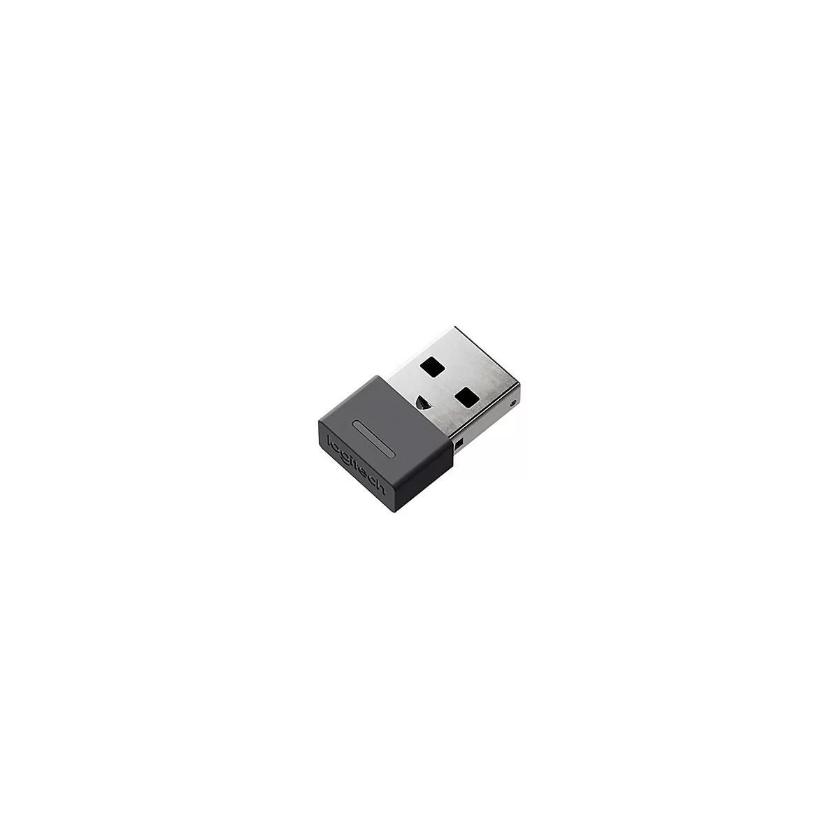 RÃ©cepteur USB sans fil Logitech. Connecteur USB gris et noir sur fond blanc.
