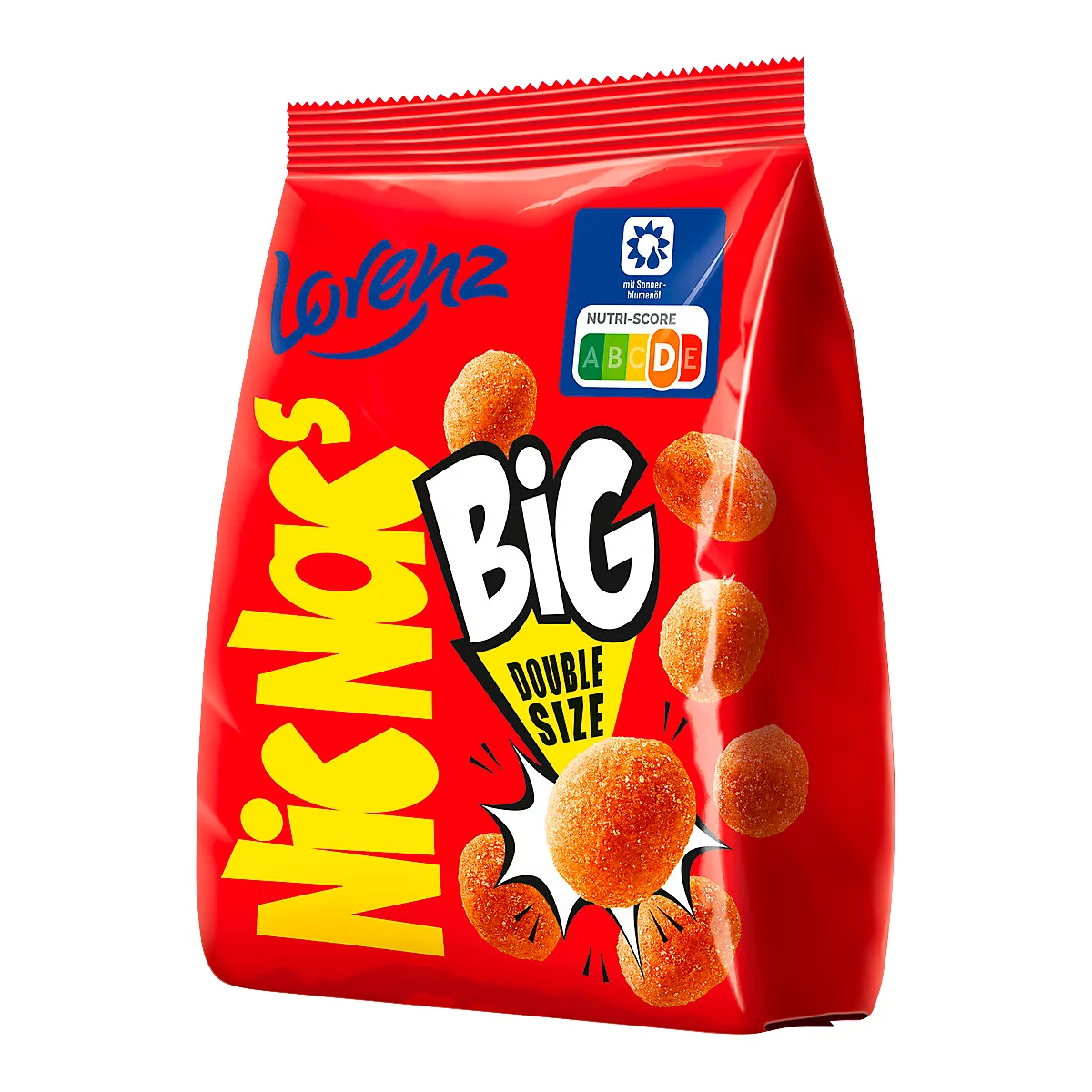 Sachet rouge de chips "Nic Nac's Big". "Big Double Size" en jaune, snacks illustrés. Avec Nutri-Score.
