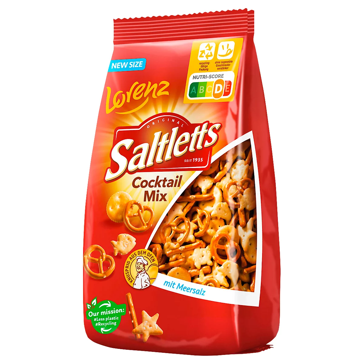 Rote Tüte mit Saltletts Cocktail Mix. Sichtfenster zeigt Snack-Mix. Text: 'mit Meersalz', 'NEW SIZE', Nutri-Score.