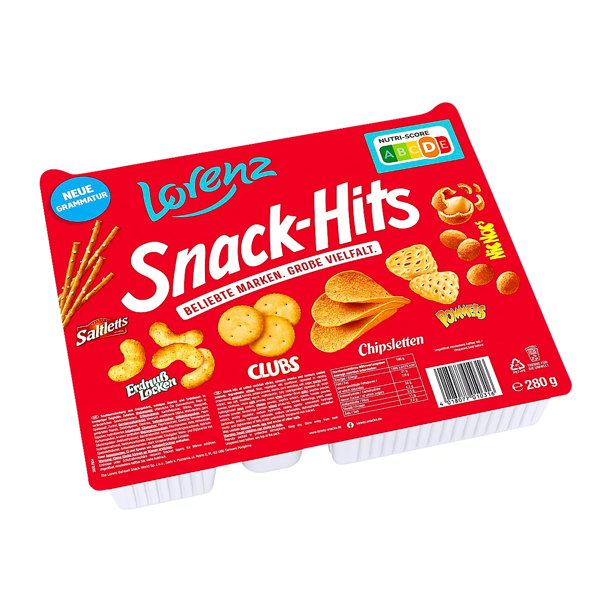 Rote Snack-Hits-Verpackung mit verschiedenen Knabbereien wie Chips, Erdnusslocken und Salzstangen. Aufschrift: "Snack-Hits, Beliebte Marken, Große Vielfalt".