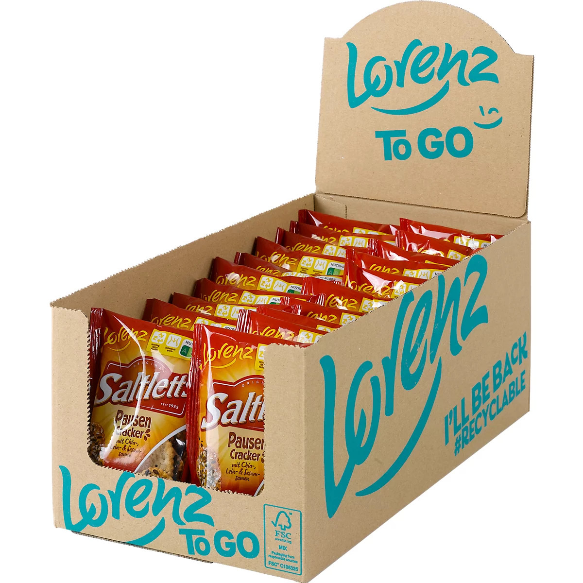 Lorenz Saltletts snackcrackers, krakelingkoekjes, 20 zakjes met 40 g elk, in dispenserdoos