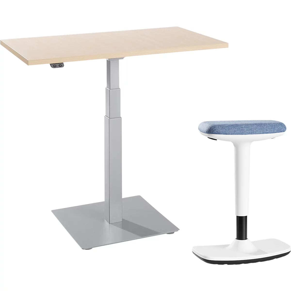 Lot de 2 meubles de bureau, table d'appoint mono-colonne Start Off, réglage électrique de la hauteur, érable/aluminium blanc 