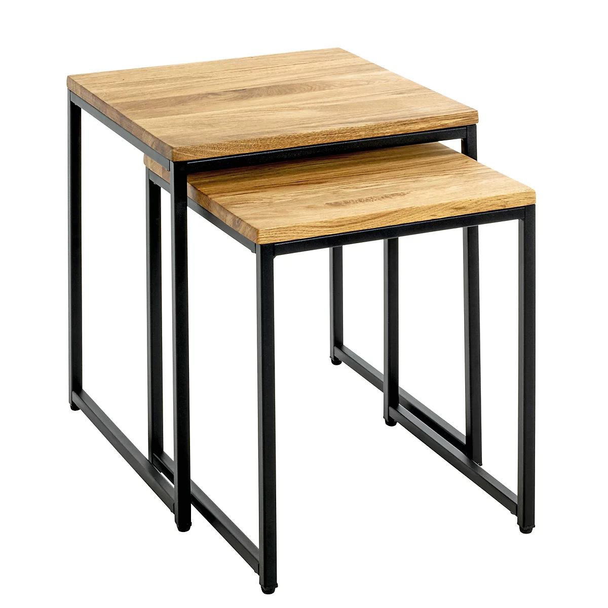 Deux tables d'appoint carrées en bois avec des cadres en métal noir, l'une imbriquée sous l'autre.