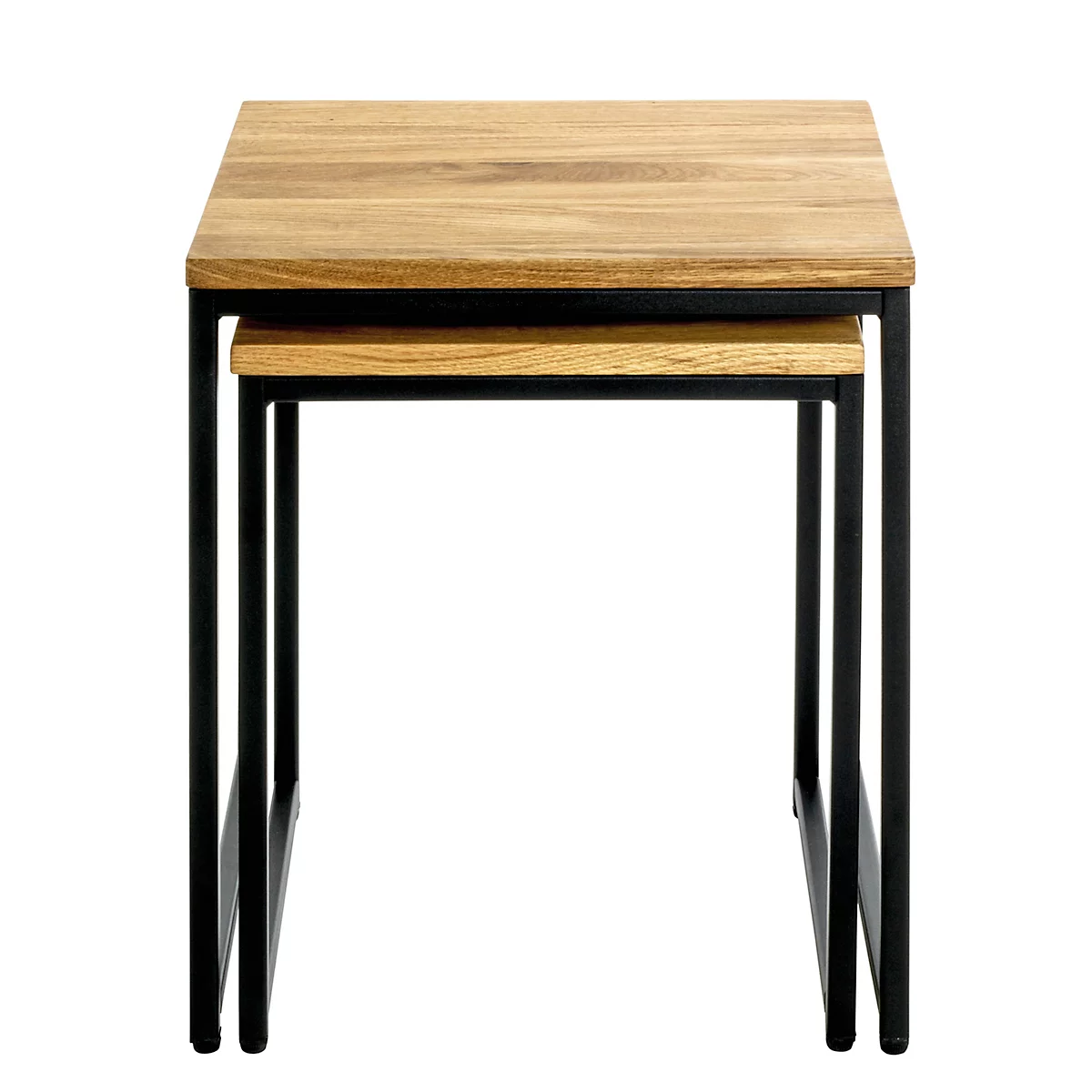 Deux tables d'appoint carrées, empilées l'une sous l'autre. Surfaces en bois, cadre en métal noir, sur fond blanc.