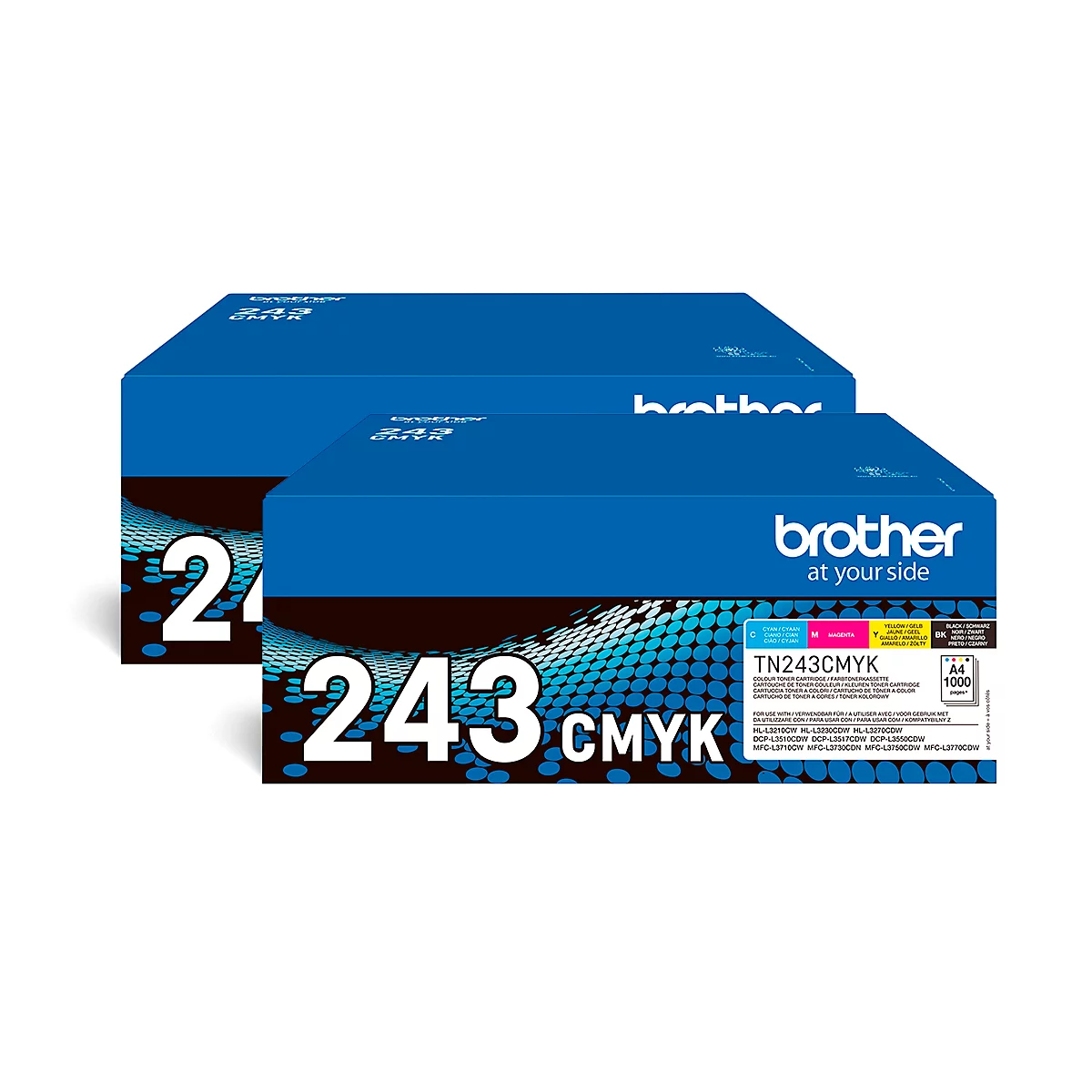 Deux boîtes bleues avec l'impression "brother" et la désignation TN243CMYK. Elles contiennent des cartouches d'imprimante.