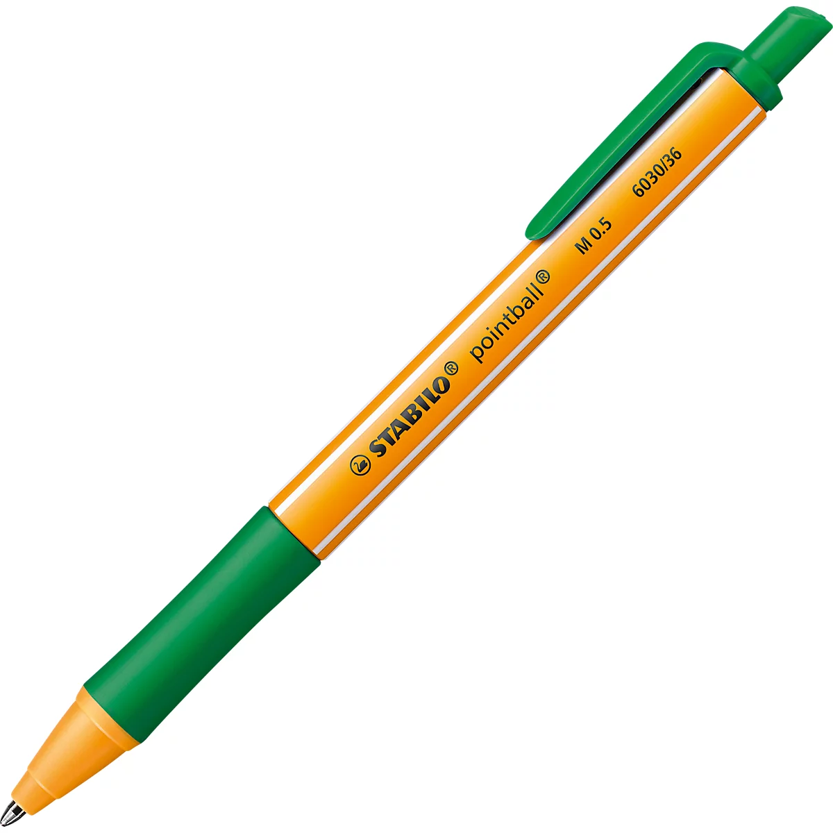 Un stylo à bille STABILO pointball®, orange avec des accents verts, est posé en diagonale. Marquages sur le stylo.