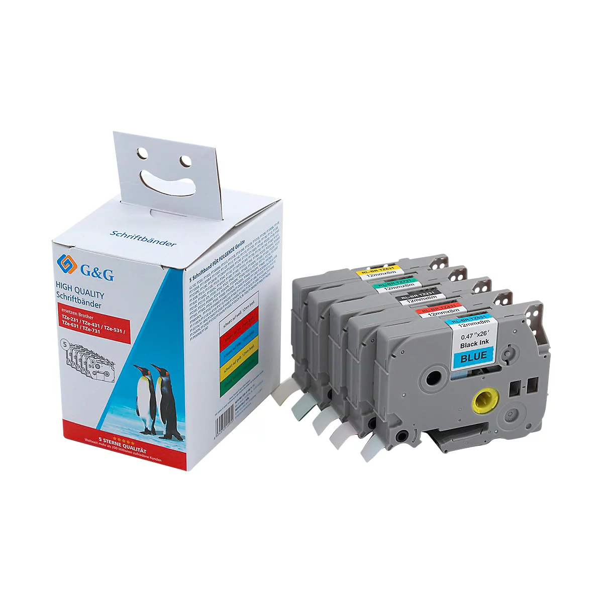 Lot de 5 rubans de lettrage compatibles avec le ruban de lettrage Brother TZe-231/431/531/631/731, noir, L 8 m x l 12 mm