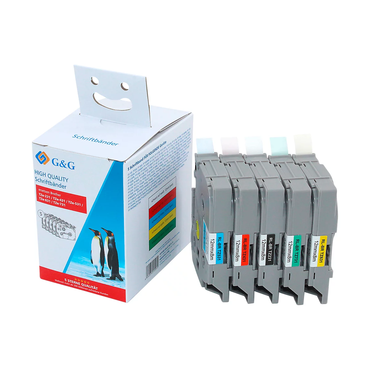 Lot de 5 rubans de lettrage compatibles avec le ruban de lettrage Brother TZe-231/431/531/631/731, noir, L 8 m x l 12 mm