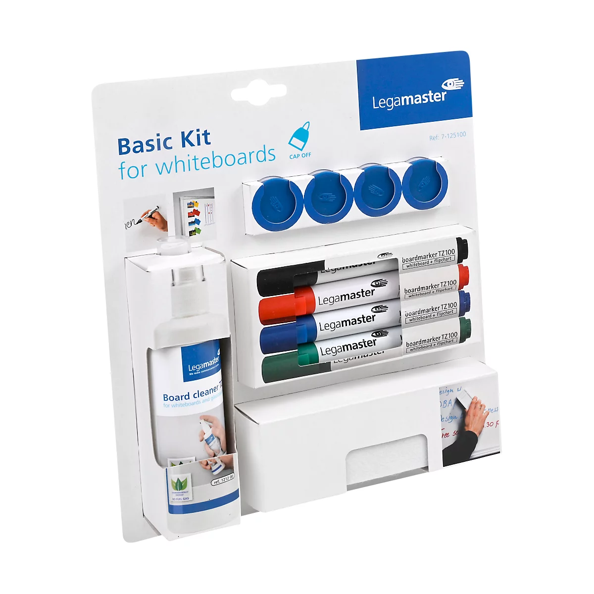 Kit pour tableau blanc avec marqueurs, nettoyant, aimants. Marque Legamaster, texte : Basic Kit for Whiteboards.