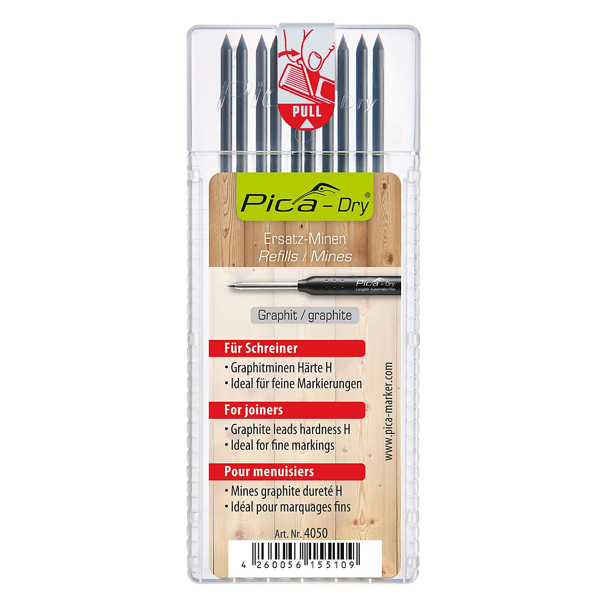 Lot de mines Dry 4050 Pica, pour menuisiers, graphite, dureté spéciale H, H 125 x Ø 2,8 mm, 10 x 10 p.