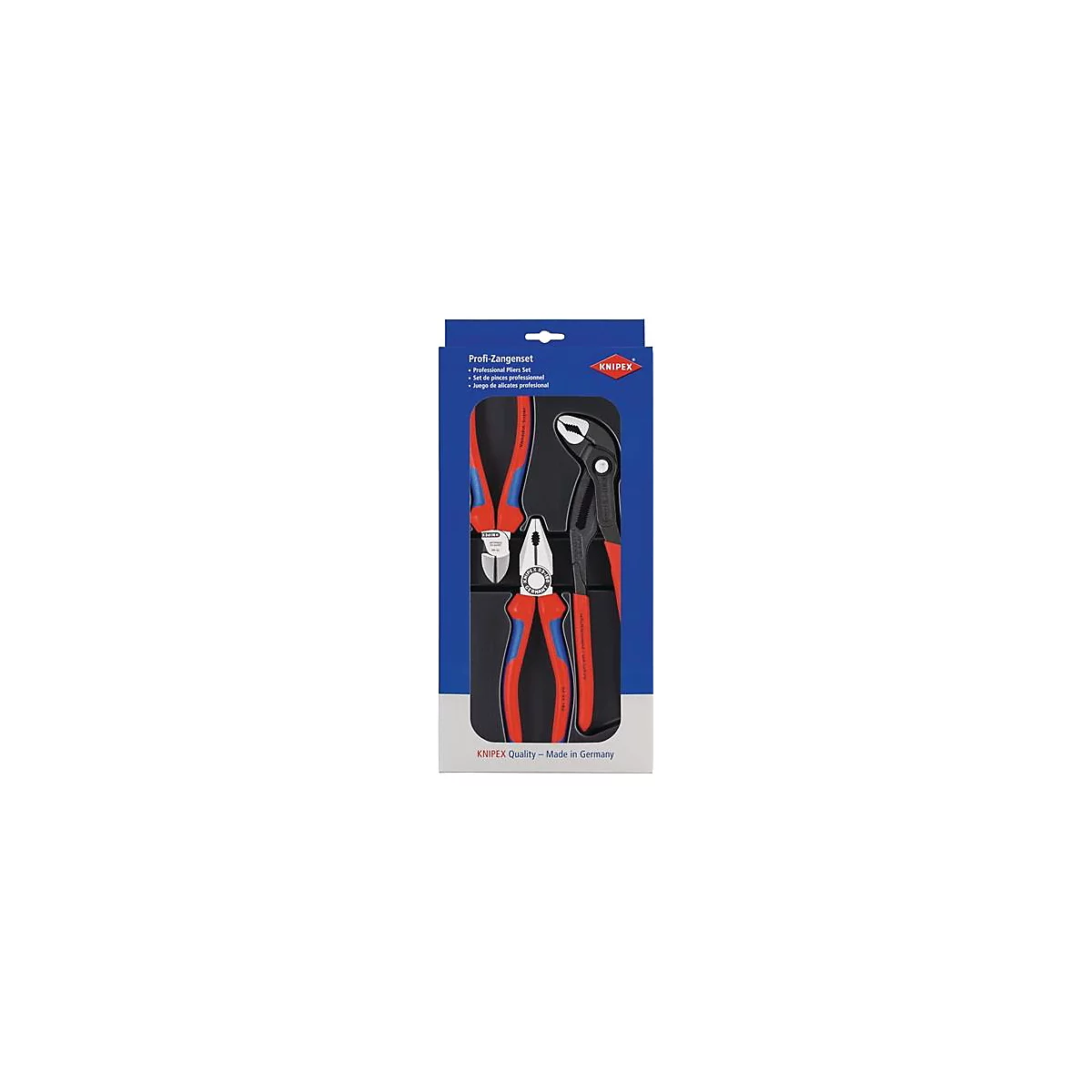 Un jeu de pinces sur fond noir dans un emballage bleu. Les pinces ont des poignées rouges et bleues et sont de la marque KNIPEX.