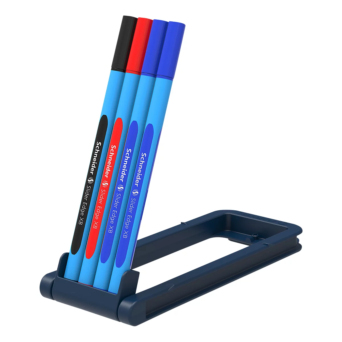 Quatre stylos de couleur dans un support. Noir, rouge, bleu et bleu sont légèrement obliques. Les stylos sont étiquetés.