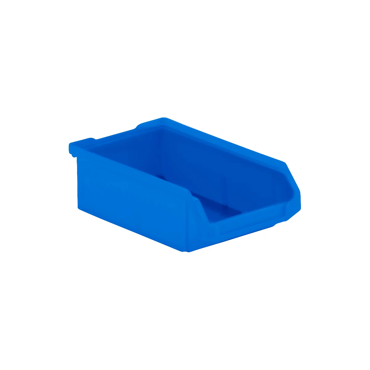 Boîte de rangement bleue avec ouverture inclinée.