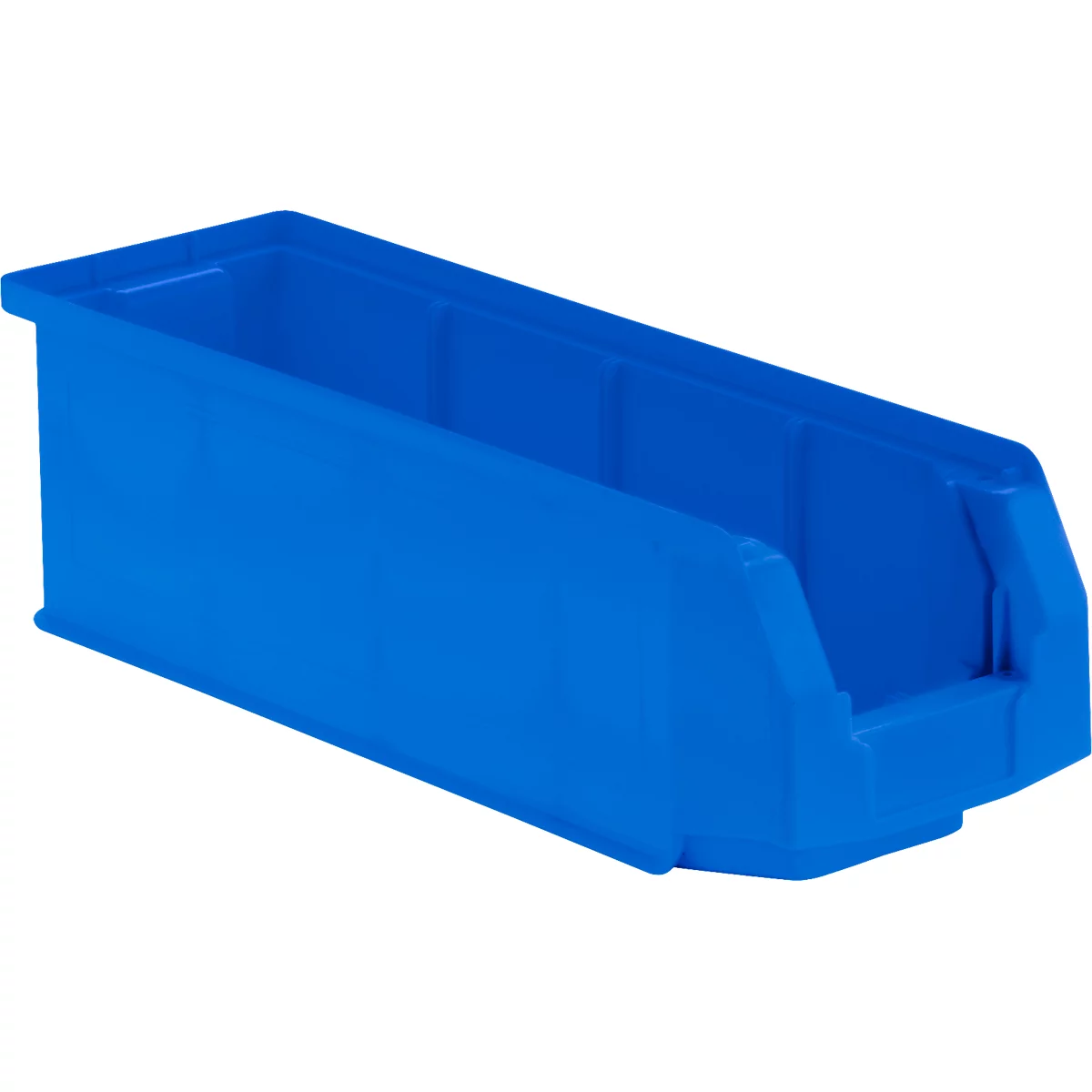 Bac de rangement en plastique bleu, à moitié ouvert.