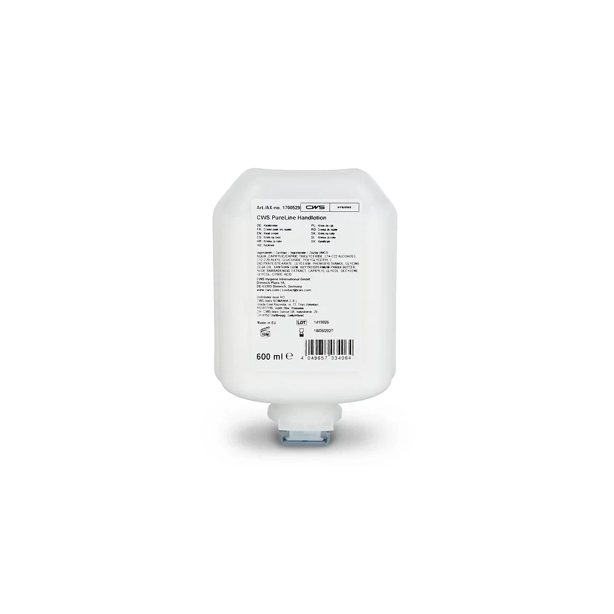 Bouteille de recharge de lotion pour les mains CWS PureLine blanche (600 ml) avec étiquette et code-barres sur fond blanc.