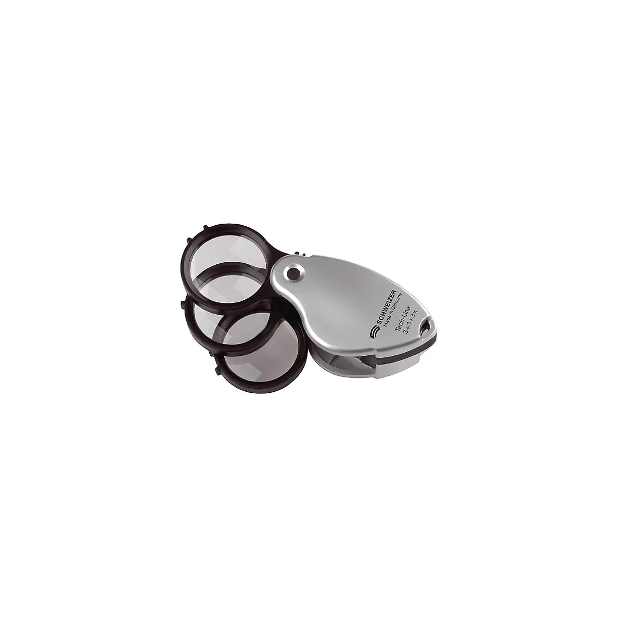 Loupe pliable avec trois lentilles, monture noire et manche argenté, lettrage.