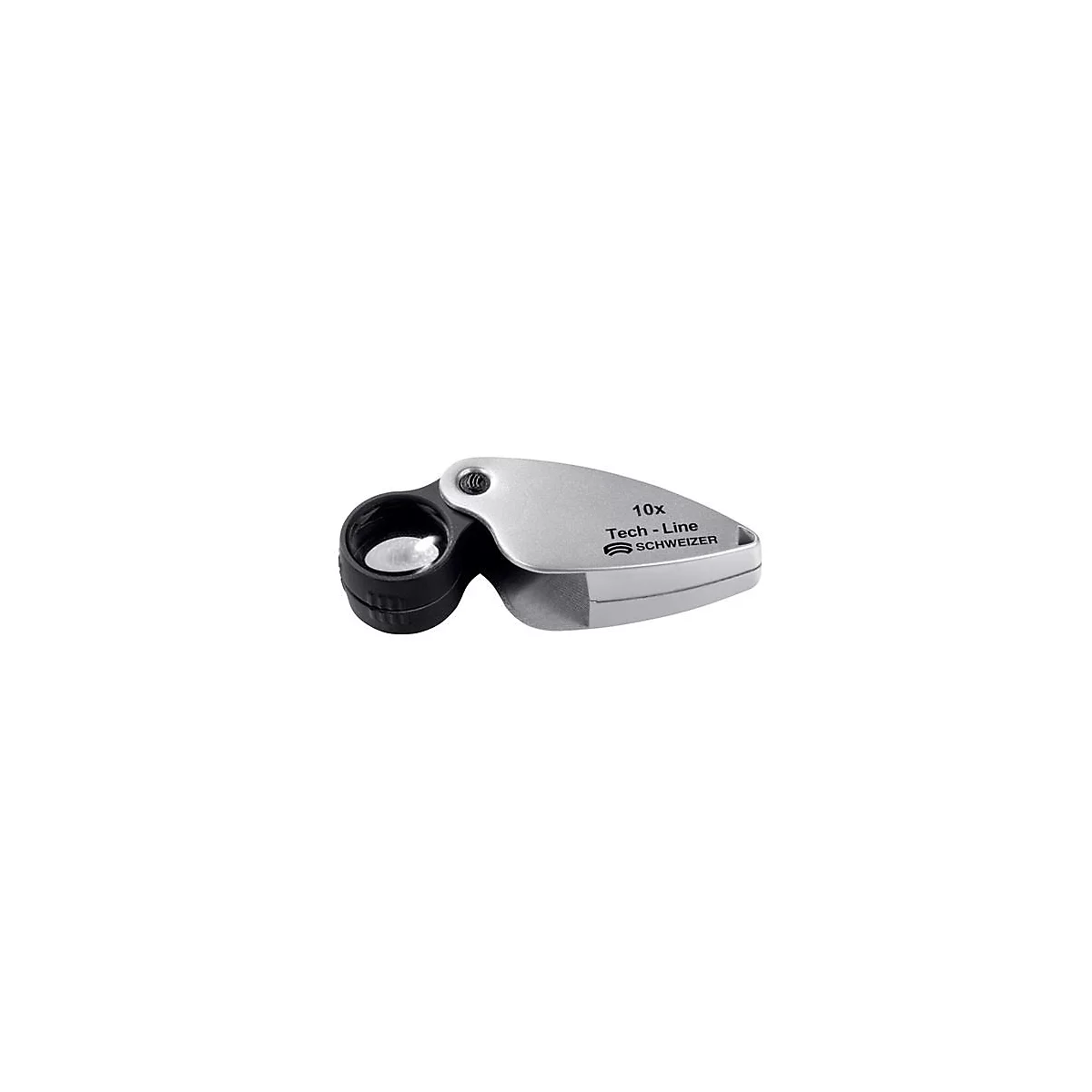 Loupe argentée avec manche noir, grossissement 10x. Inscription 'Tech-Line SCHWEIZER'.