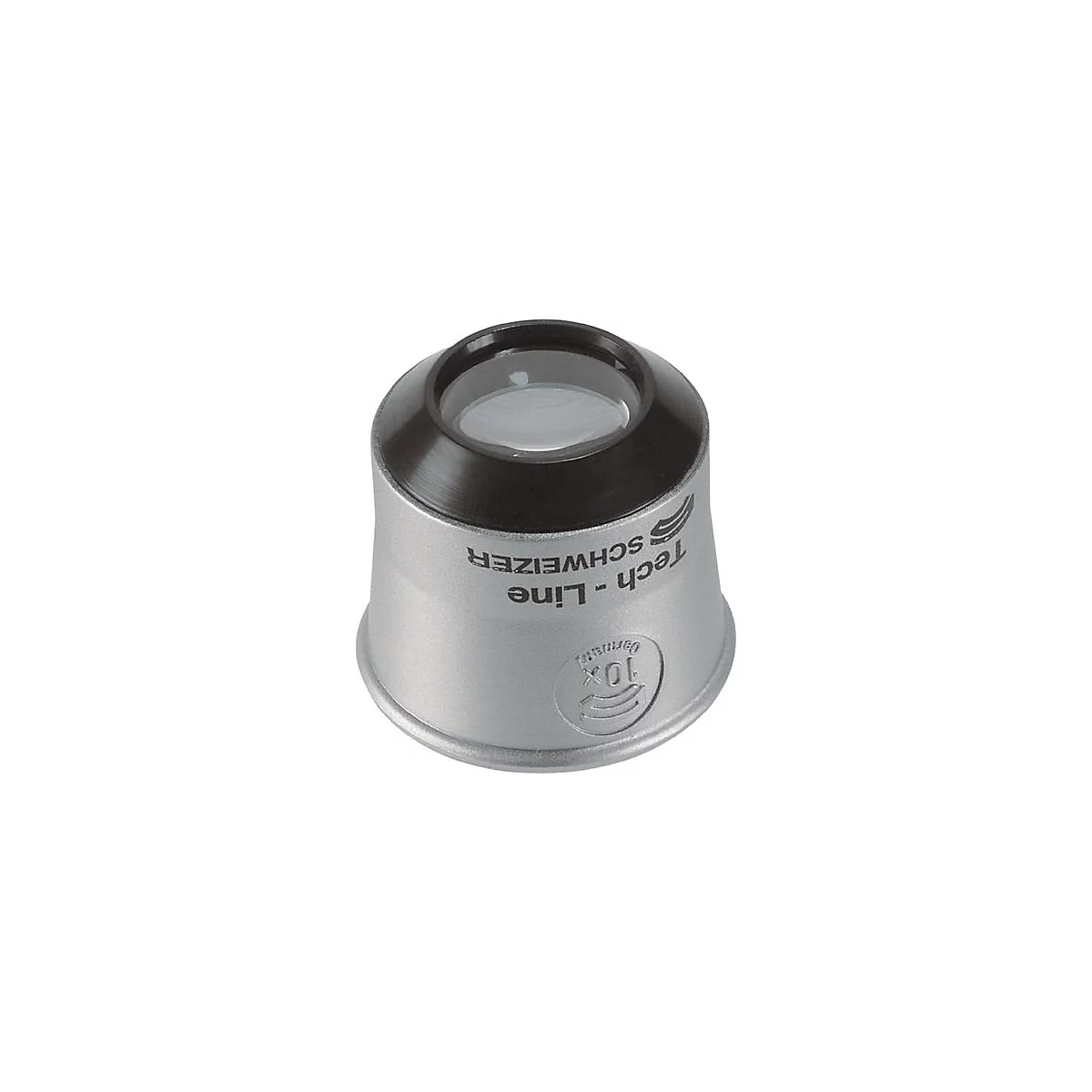 Gros plan d'une loupe argentée avec un bord noir, portant l'inscription "Tech-Line Schweizer".
