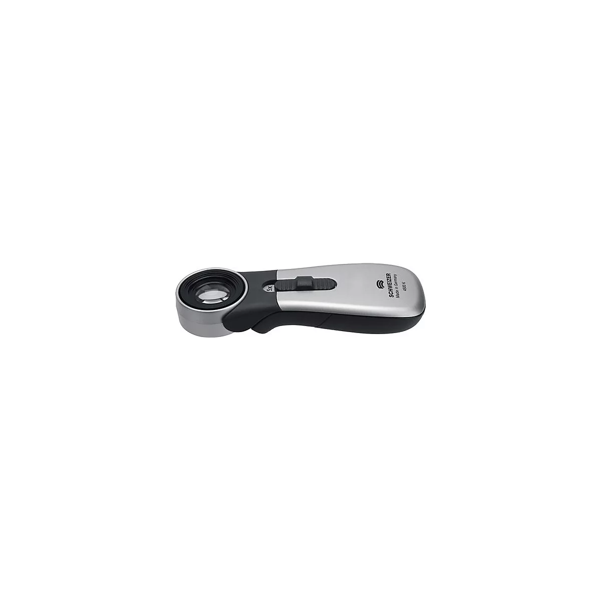 Loupe avec boîtier argenté et poignée noire, marque SCHWEIZER, grossissement 5x.