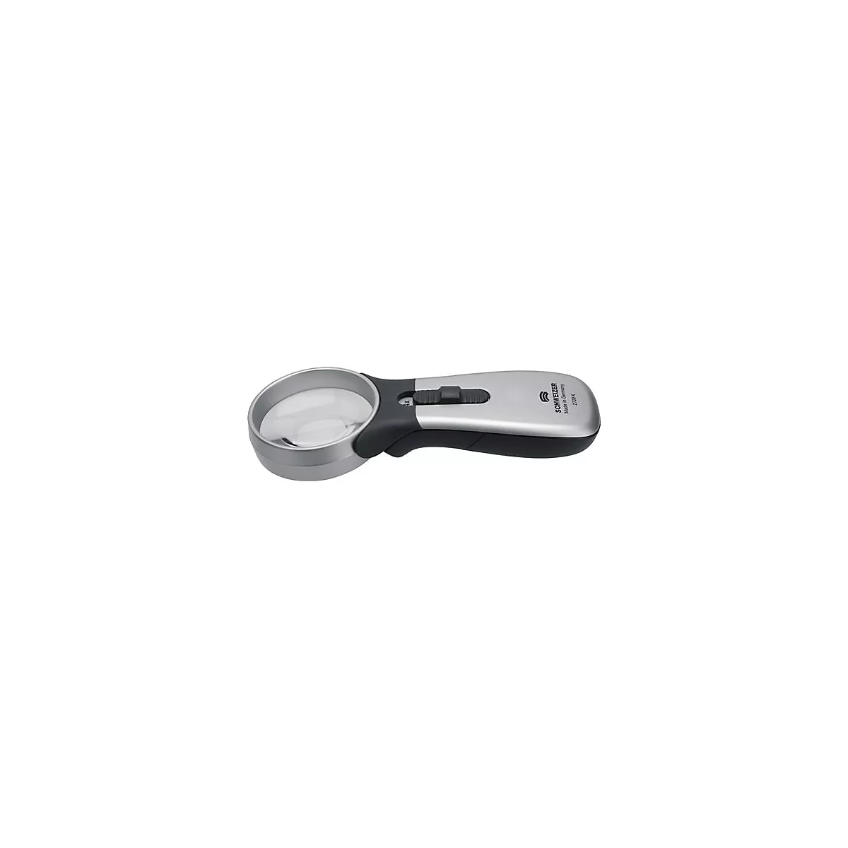 Loupe avec monture argentée, manche noir et interrupteur. Inscription : Schweizer Made in Germany.