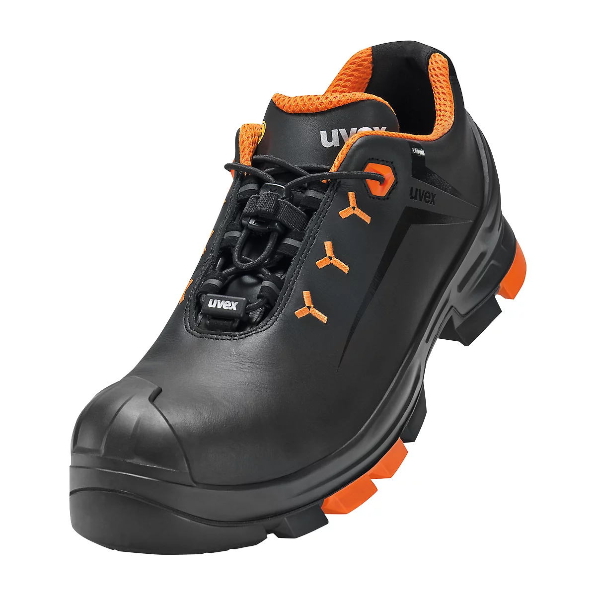 Black safety shoe with orange details. Uvex logo, laces, and sole.
