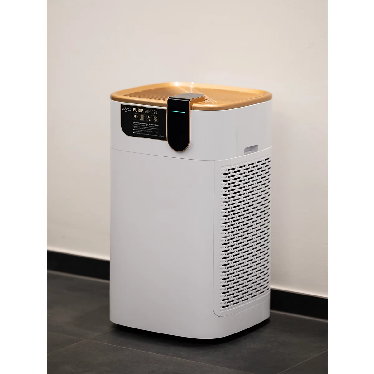 Luchtreiniger asecos® PURIFIAIR.620, H14 HEPA 5-in-1-filtersysteem, tot 620 m³/h, voor ruimten tot 40 m², 40 W, 5 ventilatieniveaus, met rollers, wit