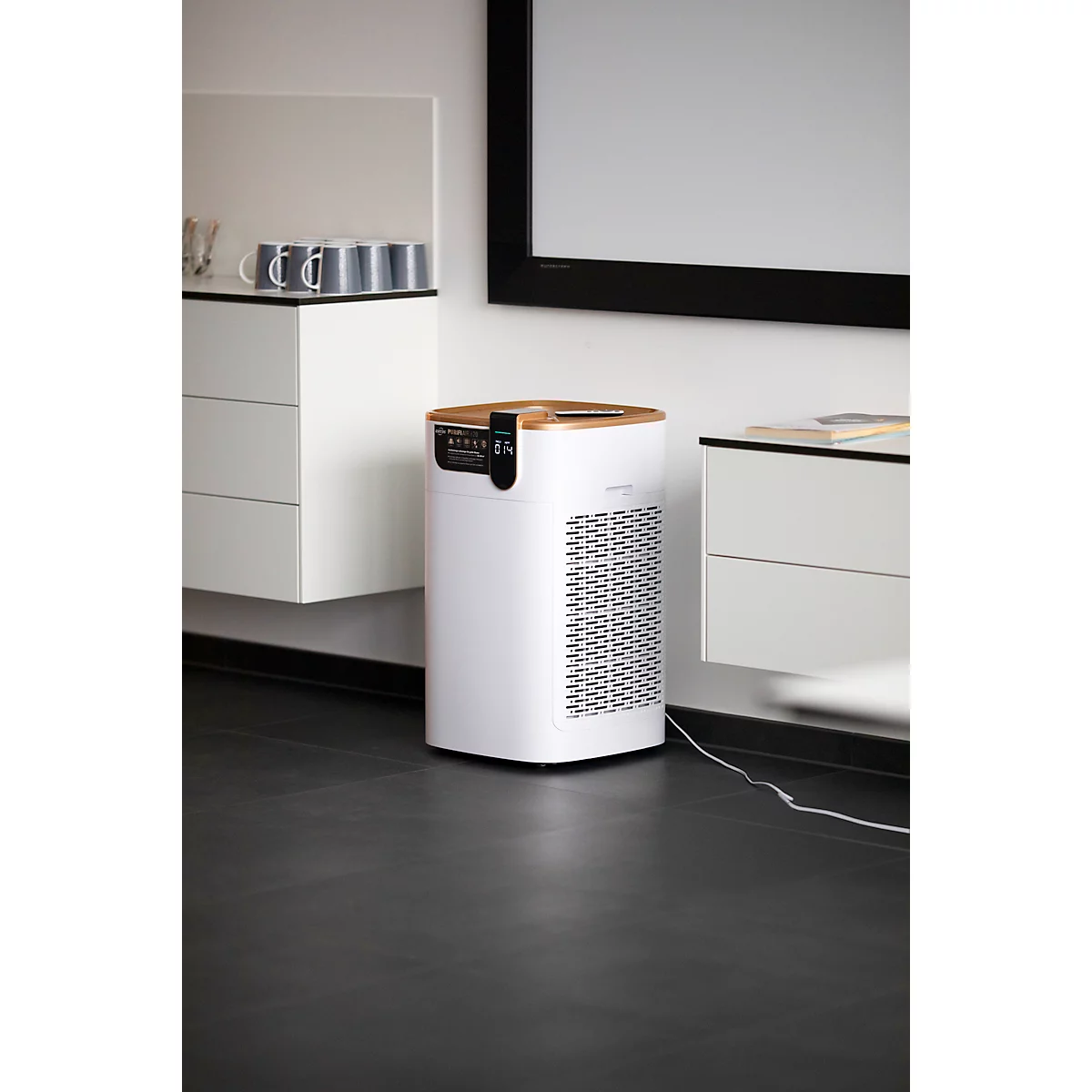 Luchtreiniger asecos® PURIFIAIR.620, H14 HEPA 5-in-1-filtersysteem, tot 620 m³/h, voor ruimten tot 40 m², 40 W, 5 ventilatieniveaus, met rollers, wit