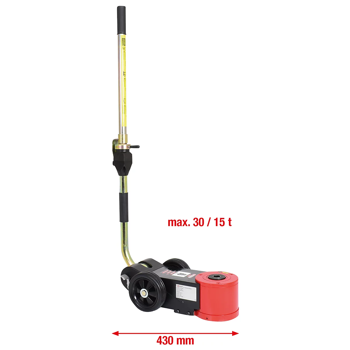 Ein roter hydraulischer Wagenheber mit schwarzem Fahrwerk und Griff, Aufschrift max. 30/15 t, 430 mm.