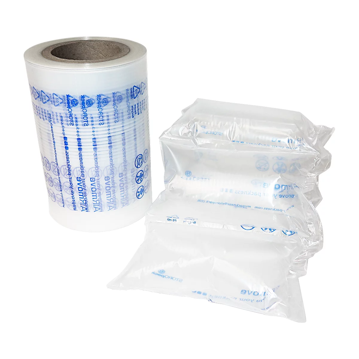 Eine Rolle transparente Folie und Luftpolsterkissen, beide mit blauen Logos und Texten.