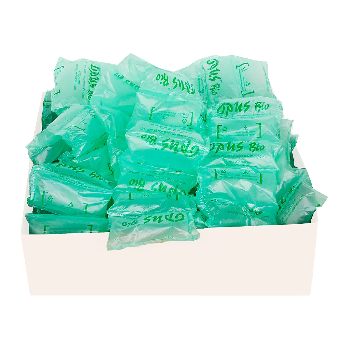 Grüne, mit „Opus Bio“ bedruckte Luftpolsterfolien in einem weißen Karton. Einige Folien liegen lose, andere sind verpackt.