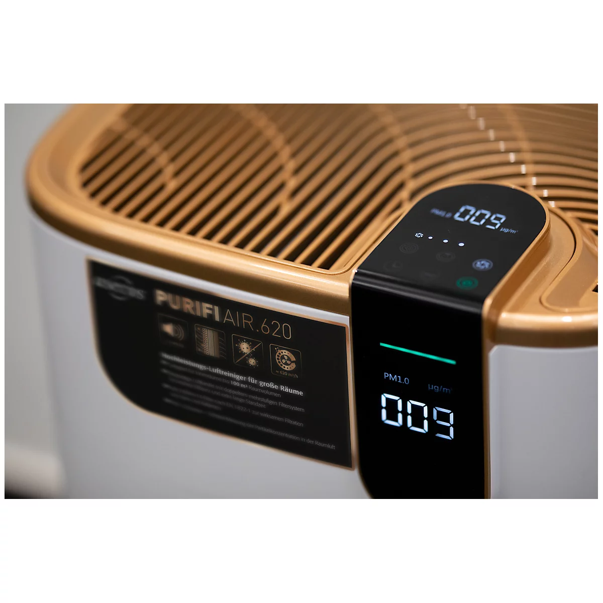 Luftreiniger asecos® PURIFIAIR.620, H14 HEPA 5-in-1-Filtersystem, bis zu 620 m³/h, für Raumgrößen bis 40 m², 40 W, 5 Lüftungsstufen, mit Rollen, weiß